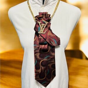 Elegant Maroon, Teal, and Gold Necktie with Fashion Brooch